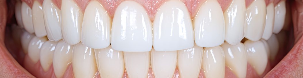 Close-up of an even, white smile with porcelain veneers