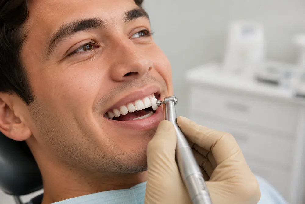 Young woman having a dental cleaning performed on her teeth