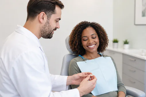 Dentist explaining dental crown options to patient