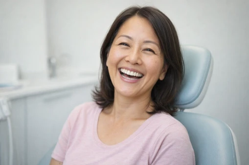 Mature woman happy smiling after dental implants